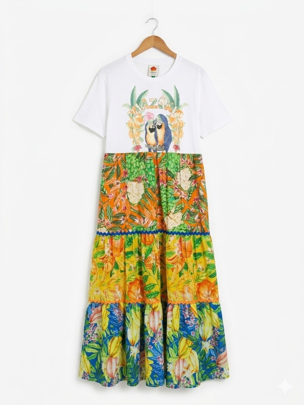 FARM RIO Amazonia Parrot T-Shirt Dress Tiered Tropical Fruit Maxi White Size XL